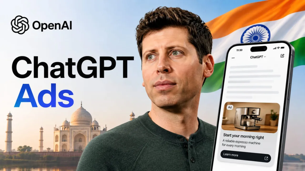 OpenAI ChatGPT Ads launch in India, featuring Sam Altman beside the Taj Mahal and a mobile ChatGPT ad example